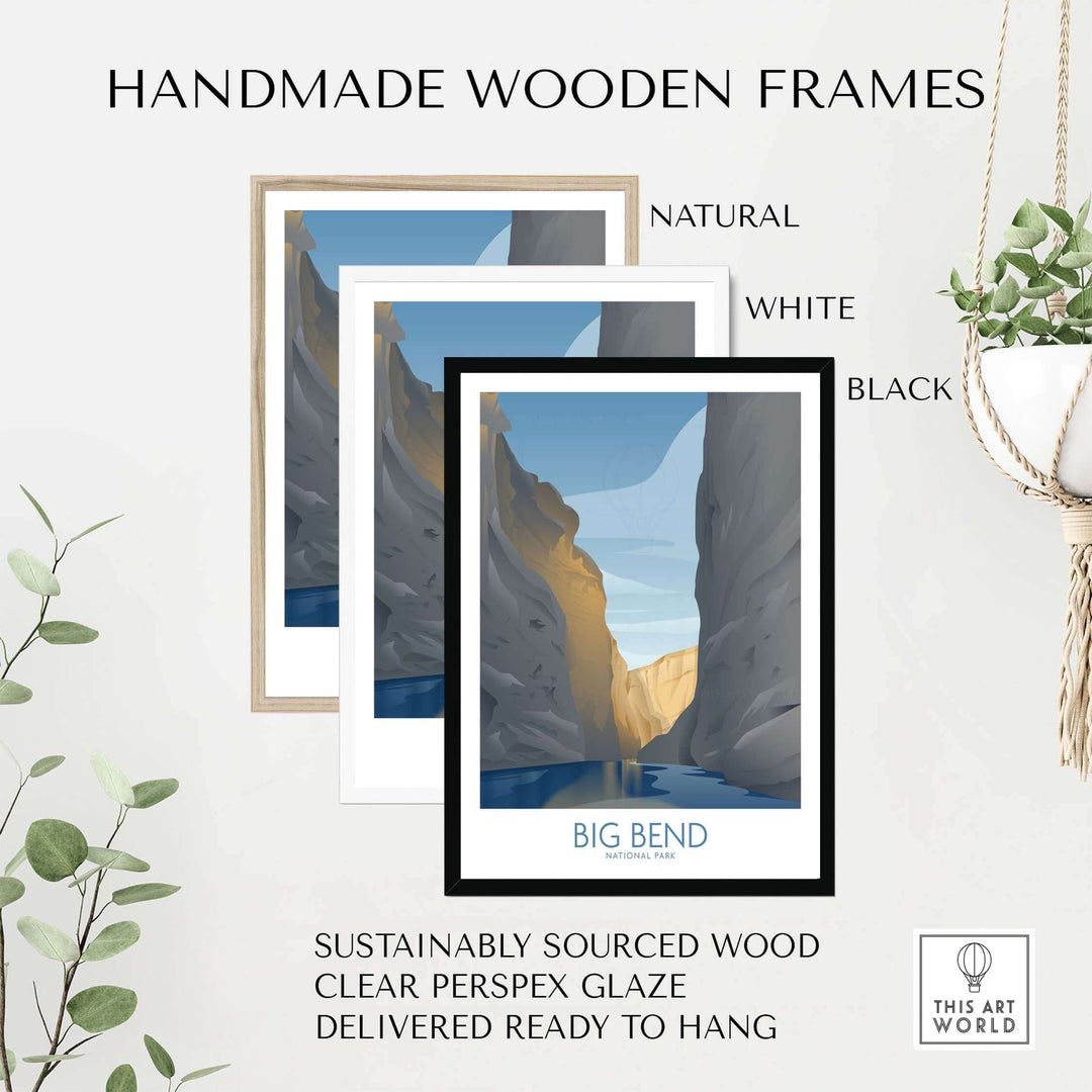 Handmade wooden frames for Big Bend National Park Art Print in natural, white, and black options, ready to hang.