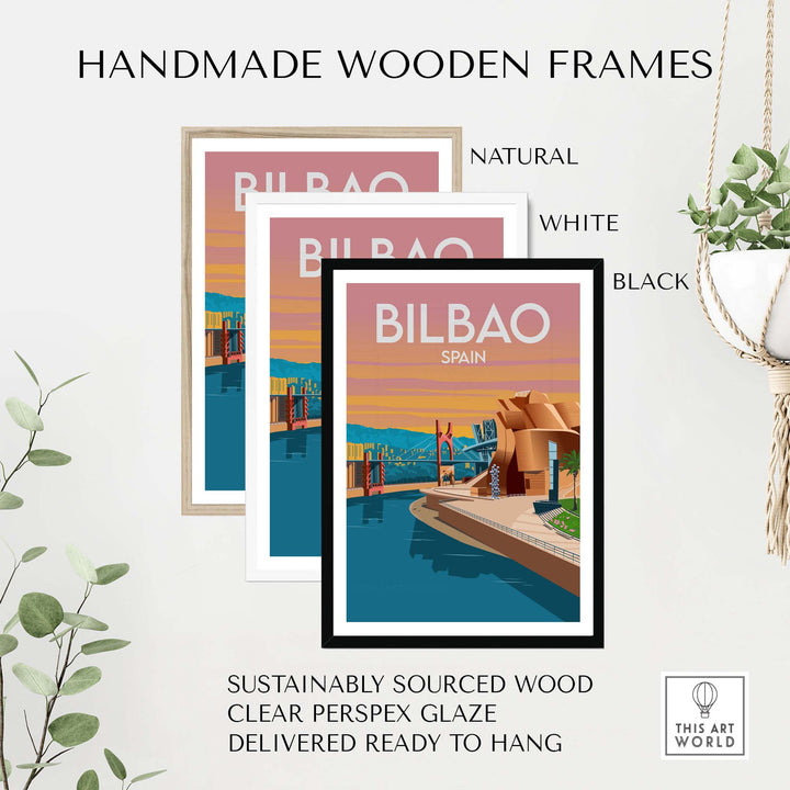 Handmade wooden frames in natural, white, and black for Bilbao Spain art prints, sustainably sourced and ready to hang.