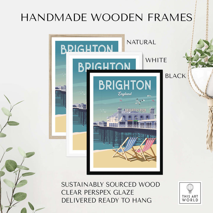 Brighton wall art print in handmade wooden frames: natural, white, and black options, showcasing seaside charm.