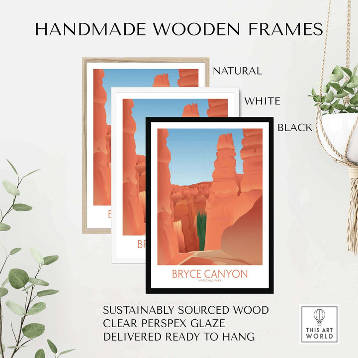 Handmade wooden frames for Bryce Canyon National Park Art Print in natural, white, and black finishes.