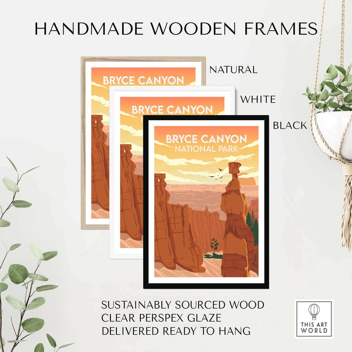 Handmade wooden frames for Bryce Canyon National Park posters in natural, white, and black finishes.
