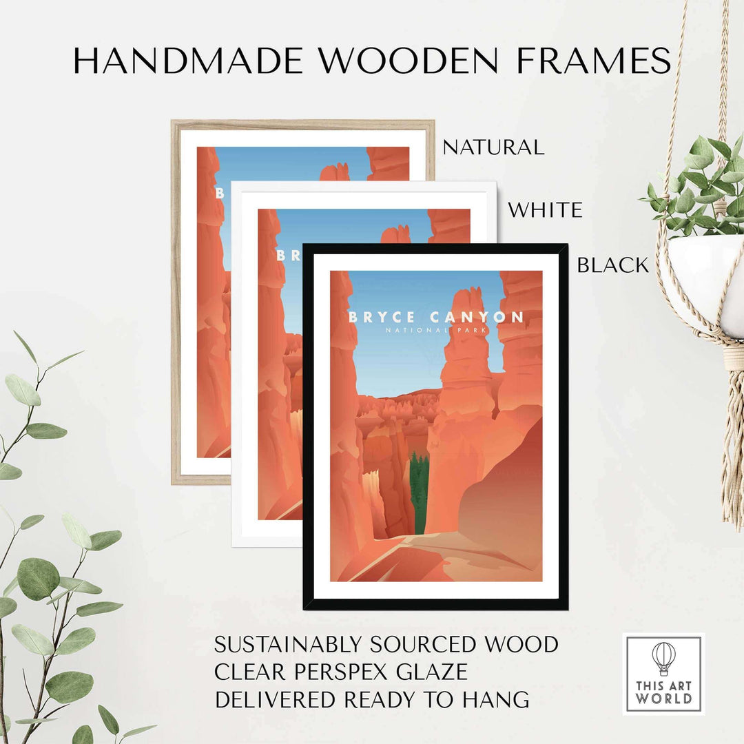Bryce Canyon National Park art prints in natural, white, and black handmade wooden frames.