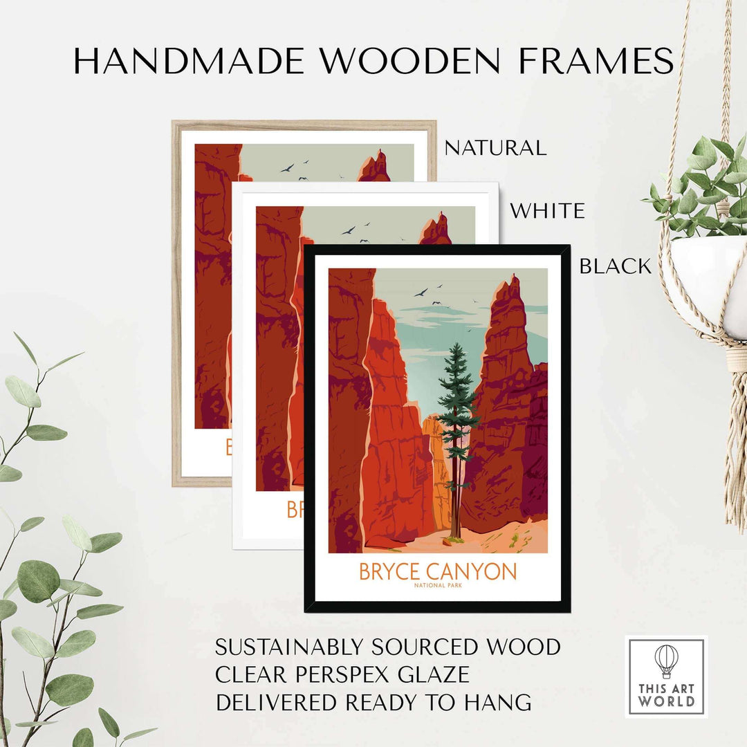 Handmade wooden frames in natural, white, and black styles for Bryce Canyon Poster Print, made from sustainably sourced wood.