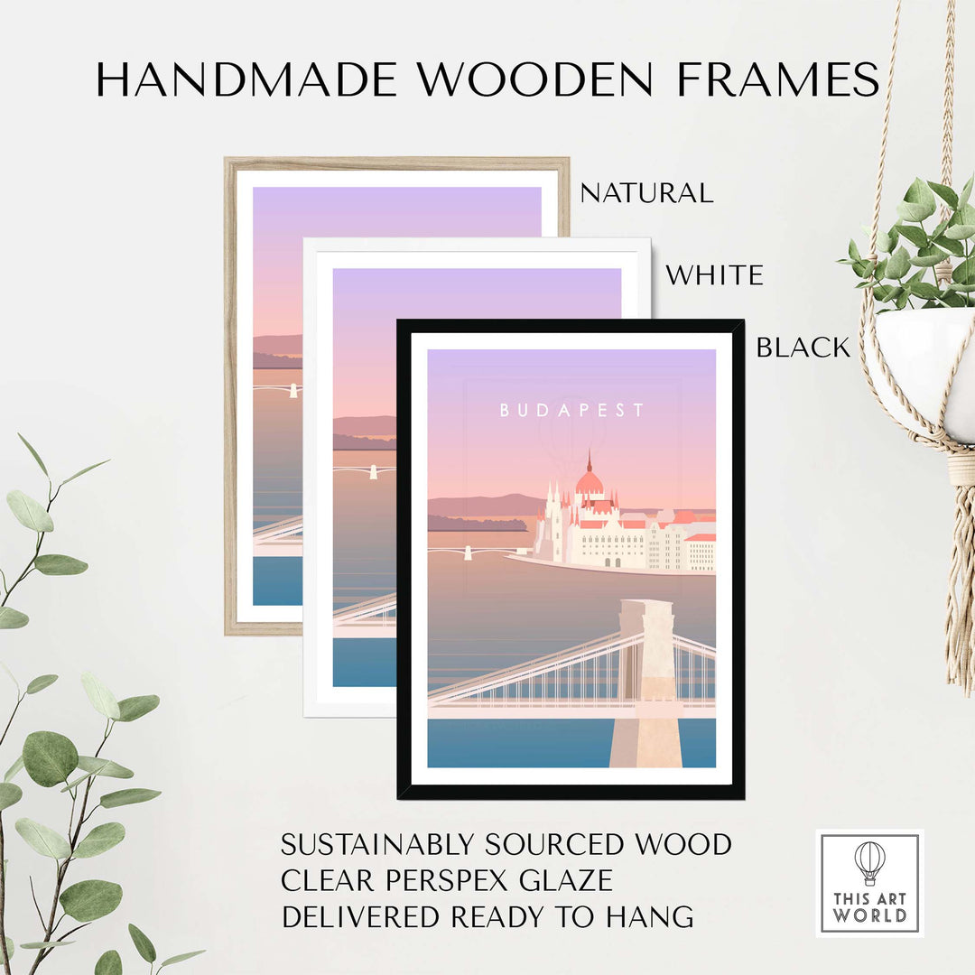 Handmade wooden frames in natural, white, and black for Budapest Print Wall Art, featuring sustainably sourced materials.