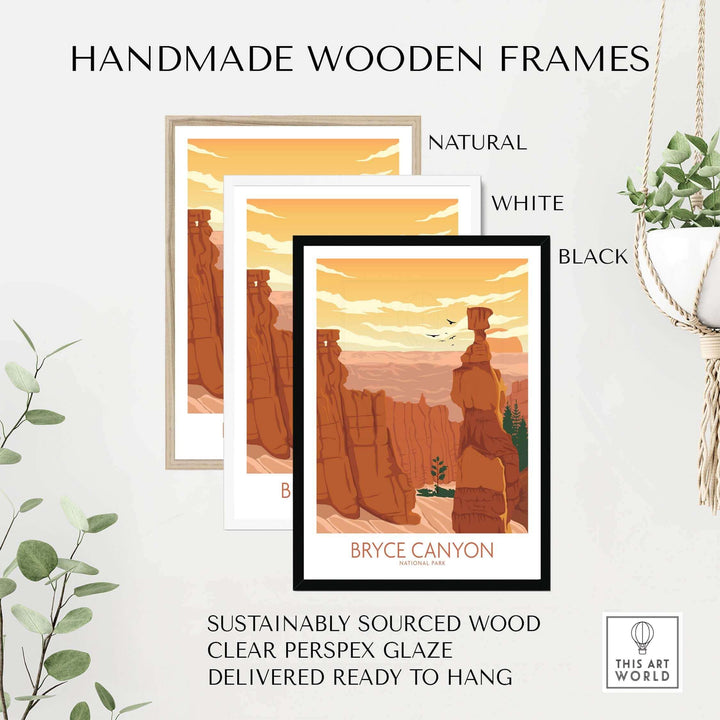 Handmade wooden frames in natural, white, and black for Bryce Canyon art print, sustainably sourced and ready to hang.