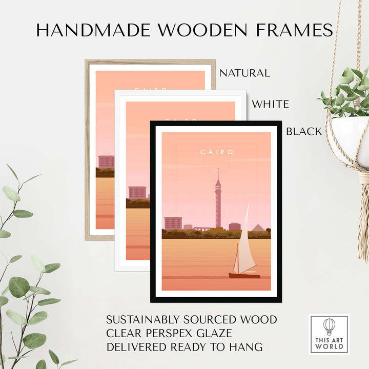 Handmade wooden frames for Cairo Print Wall Art in natural, white, and black colors, ready to hang, sustainably sourced.