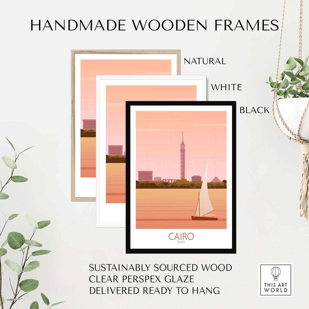 Handmade wooden frames for Cairo Travel Poster Print in natural, white, and black options, sustainably sourced and ready to hang.