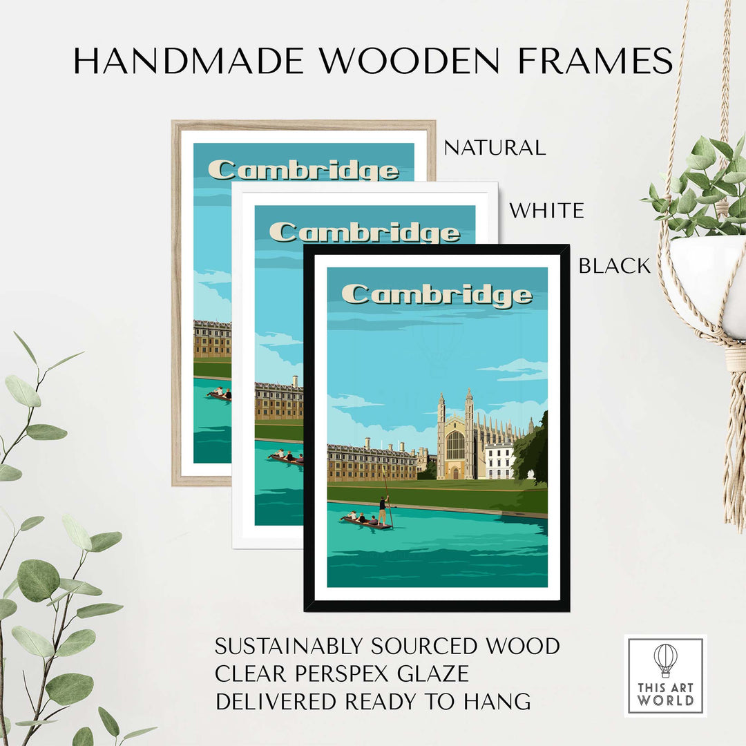 Handmade wooden frames in natural, white, and black for Cambridge vintage wall art, sustainably sourced and ready to hang.