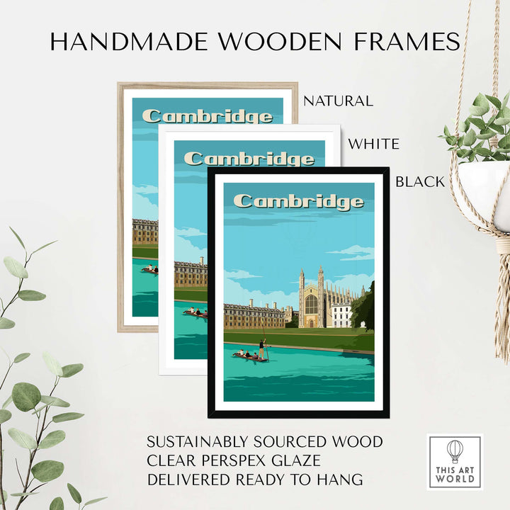 Handmade wooden frames in natural, white, and black for Cambridge vintage wall art, sustainably sourced and ready to hang.