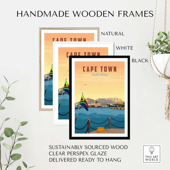 Handmade wooden frames for Cape Town travel poster, available in natural, white, and black finishes, with sustainable materials.
