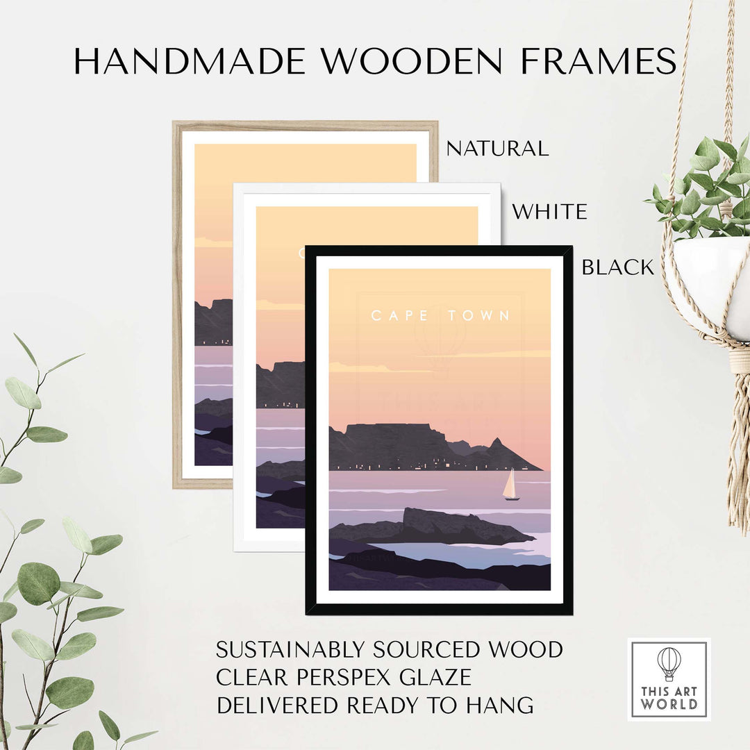 Handmade wooden frames for Cape Town wall art poster in natural, white, and black finishes, ready to hang.