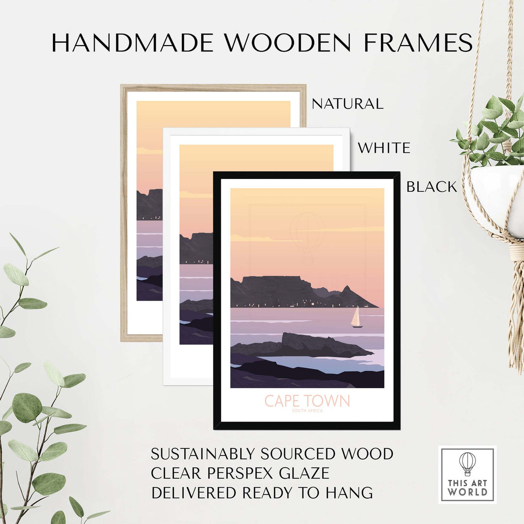 Handmade wooden frames for Cape Town poster print in natural, white, and black options with clear perspex glaze.