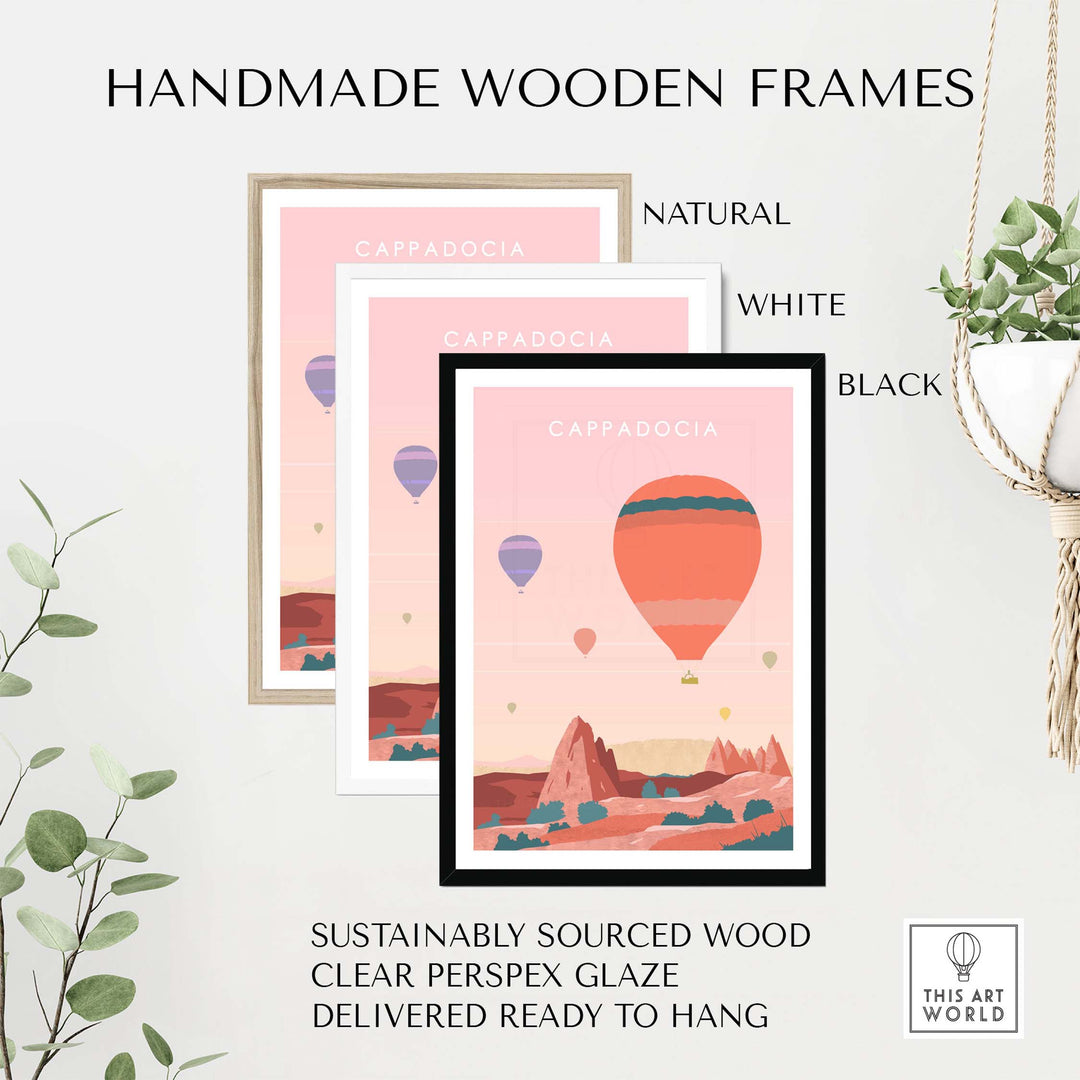 Three handmade wooden frames in natural, white, and black for Cappadocia Print Wall Art Poster with pastel colors.
