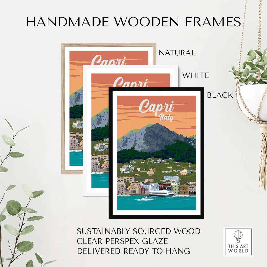 Handmade wooden frames for Capri Italy poster print wall art in natural, white, and black finishes.