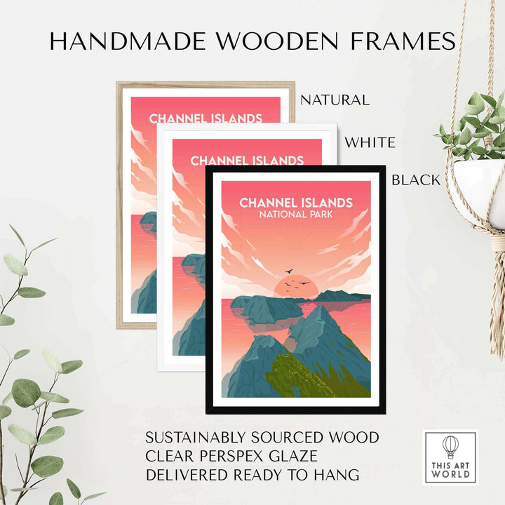 Channel Islands National Park poster in handmade wooden frames, showcasing natural, white, and black options.