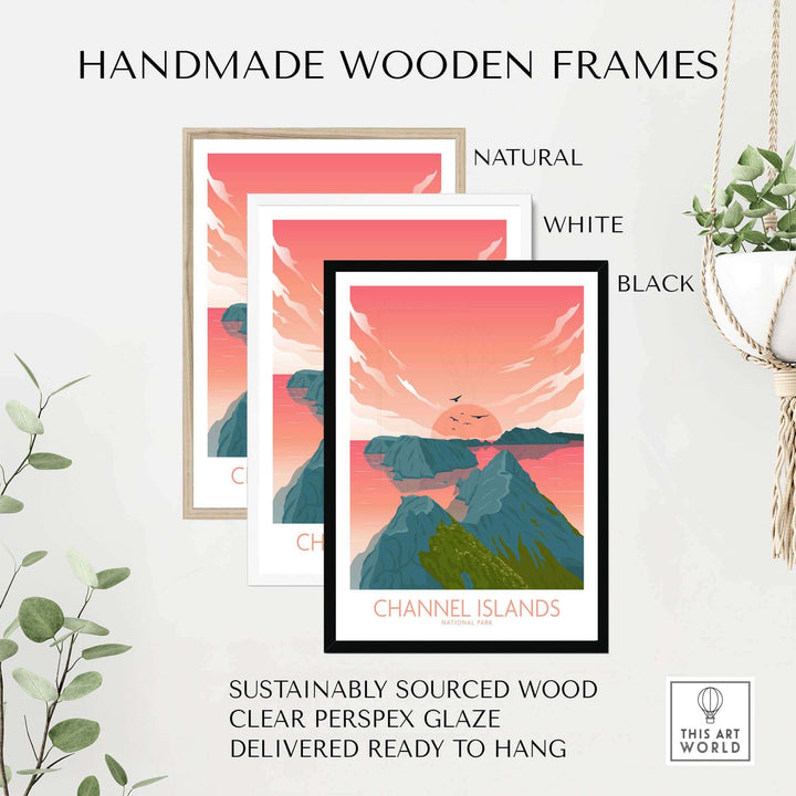 Channel Islands National Park Poster in handmade frames: natural, white, and black, made from sustainably sourced wood.