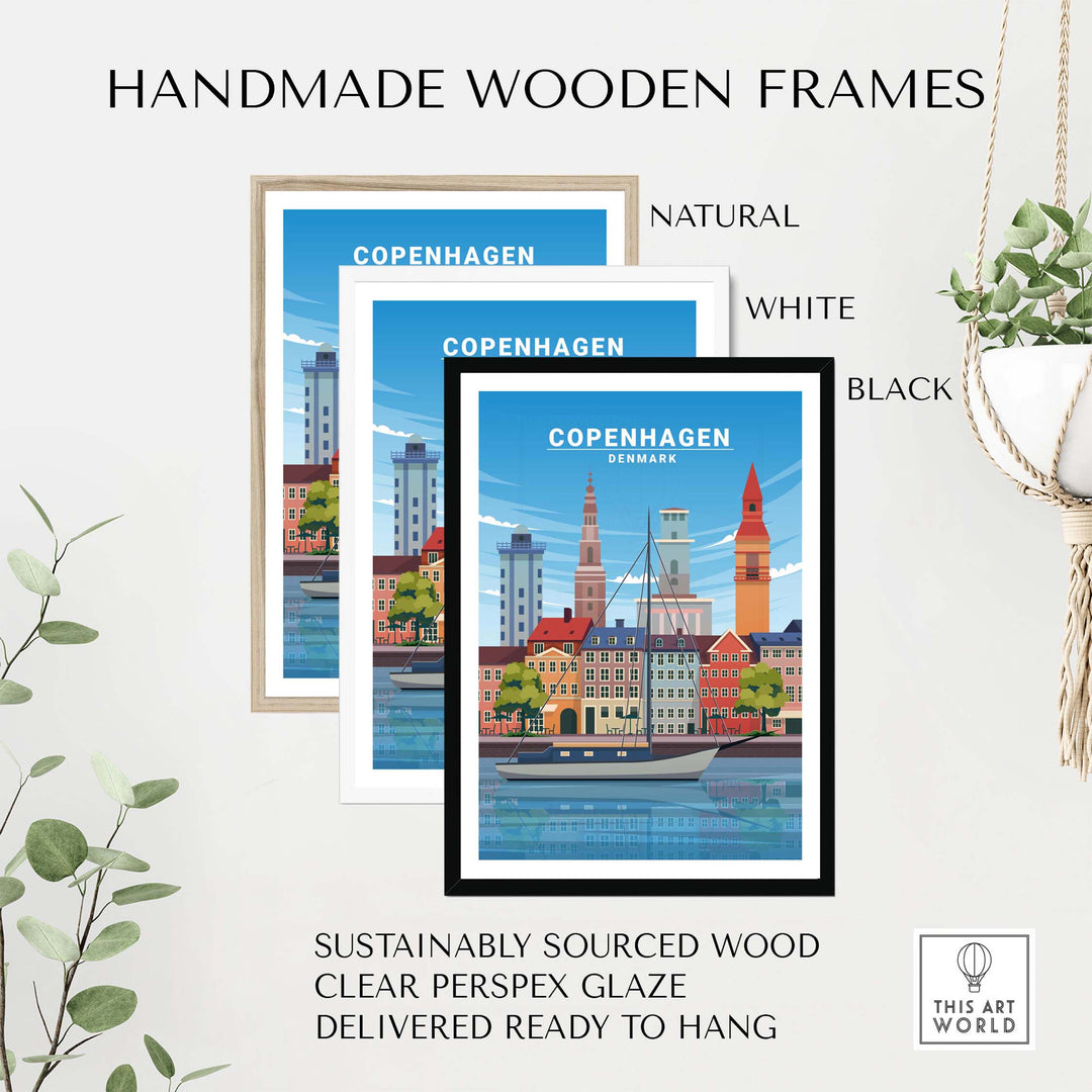 Handmade wooden frames for Copenhagen Print artwork, available in natural, white, and black options, sustainably sourced.