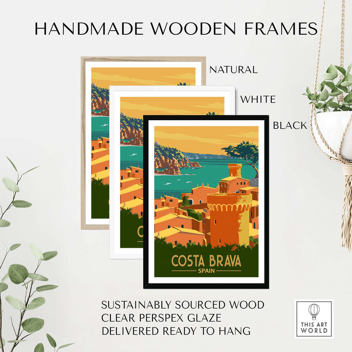 Handmade wooden frames in natural, white, and black for Costa Brava Print Spain, featuring sustainably sourced materials.
