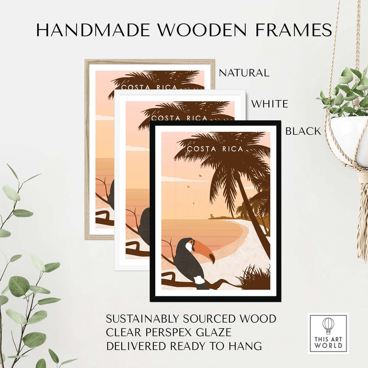 Costa Rica wall art posters in handmade wooden frames, featuring natural, white, and black finishes, ready to hang.