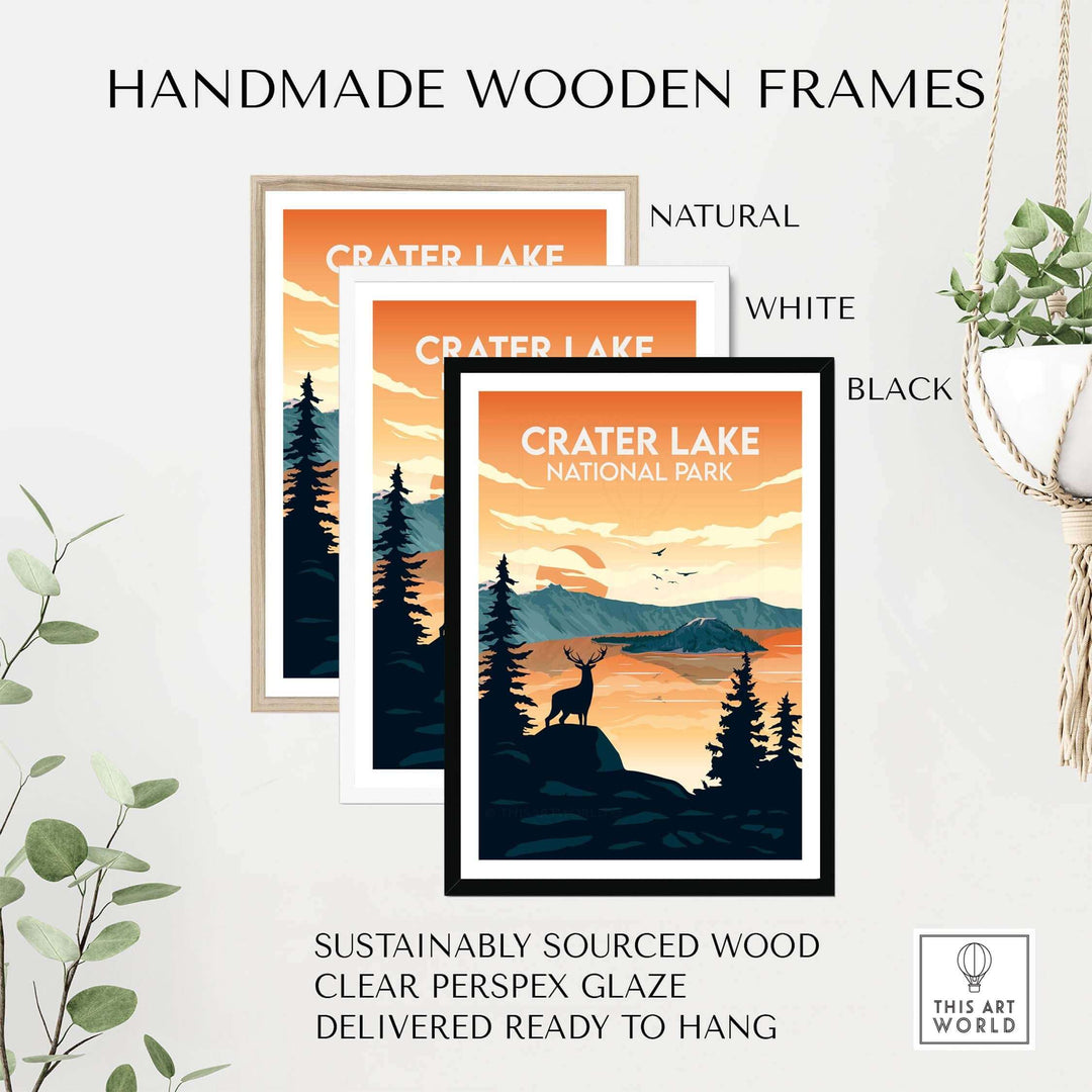 Three handmade wooden frames in natural, white, and black for Crater Lake National Park print.