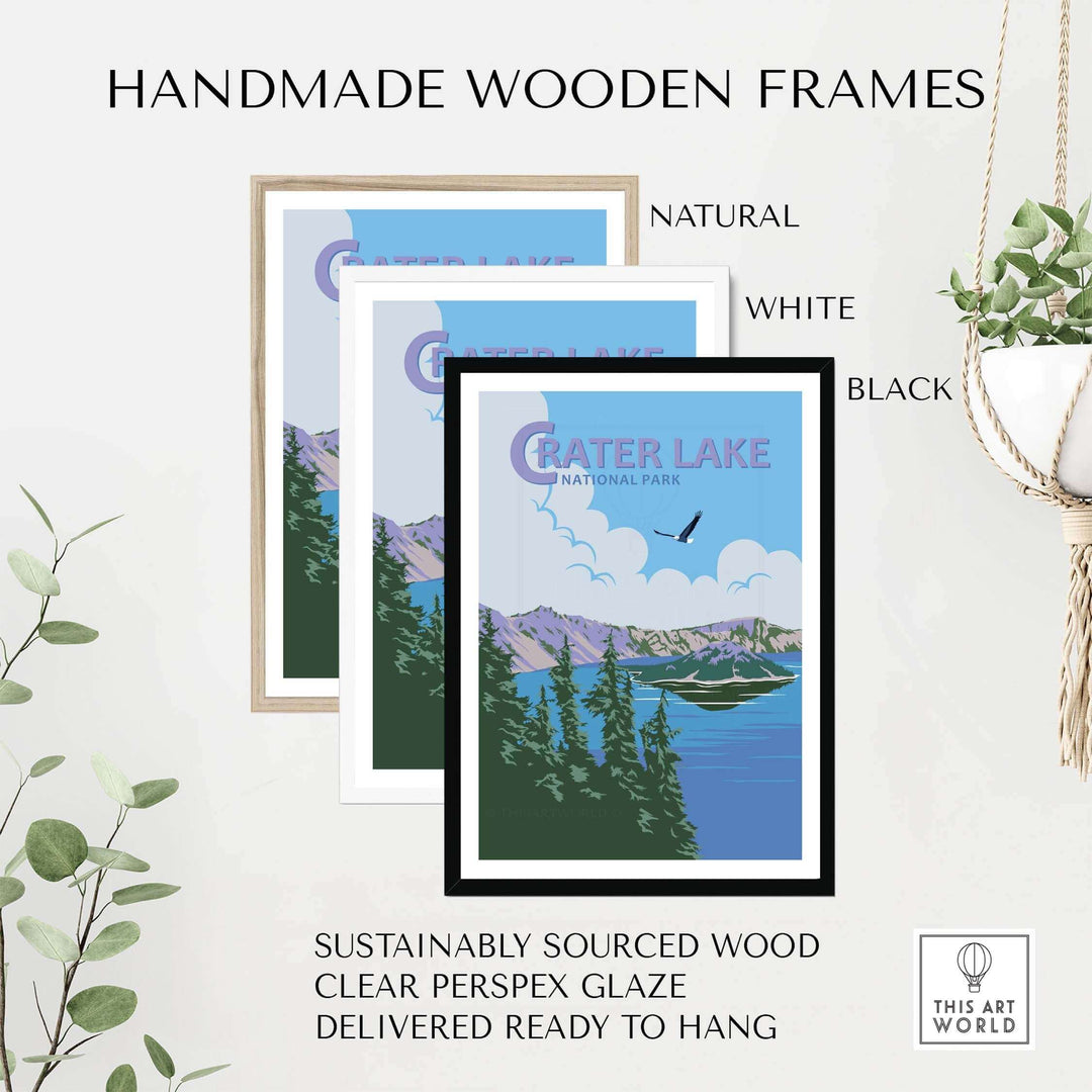 Handmade wooden frames for Crater Lake National Park print, showcasing natural, white, and black options.