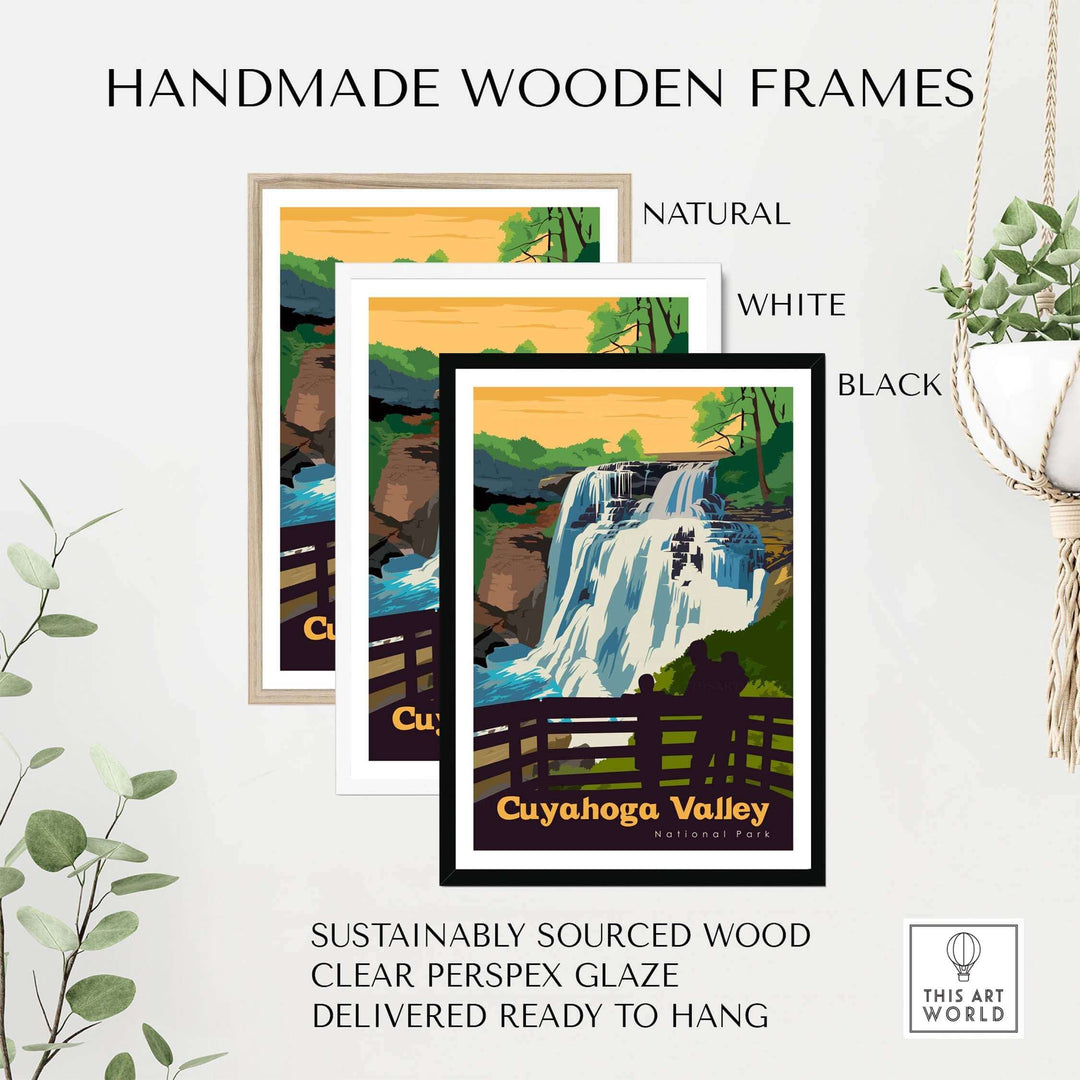 Cuyahoga Valley National Park poster in handmade wooden frames: natural, white, and black styles, ready to hang.