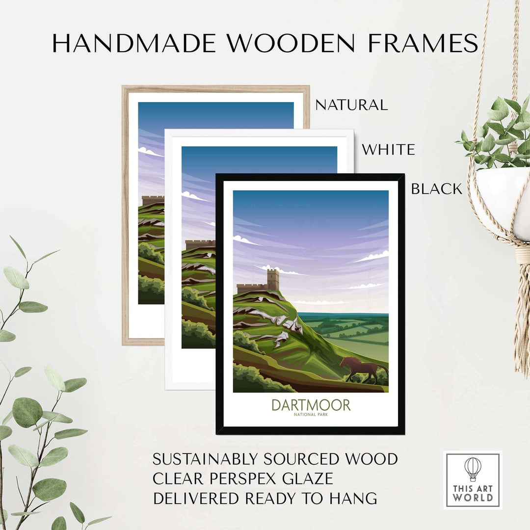 Handmade wooden frames for Dartmoor National Park art print, available in natural, white, and black finishes.
