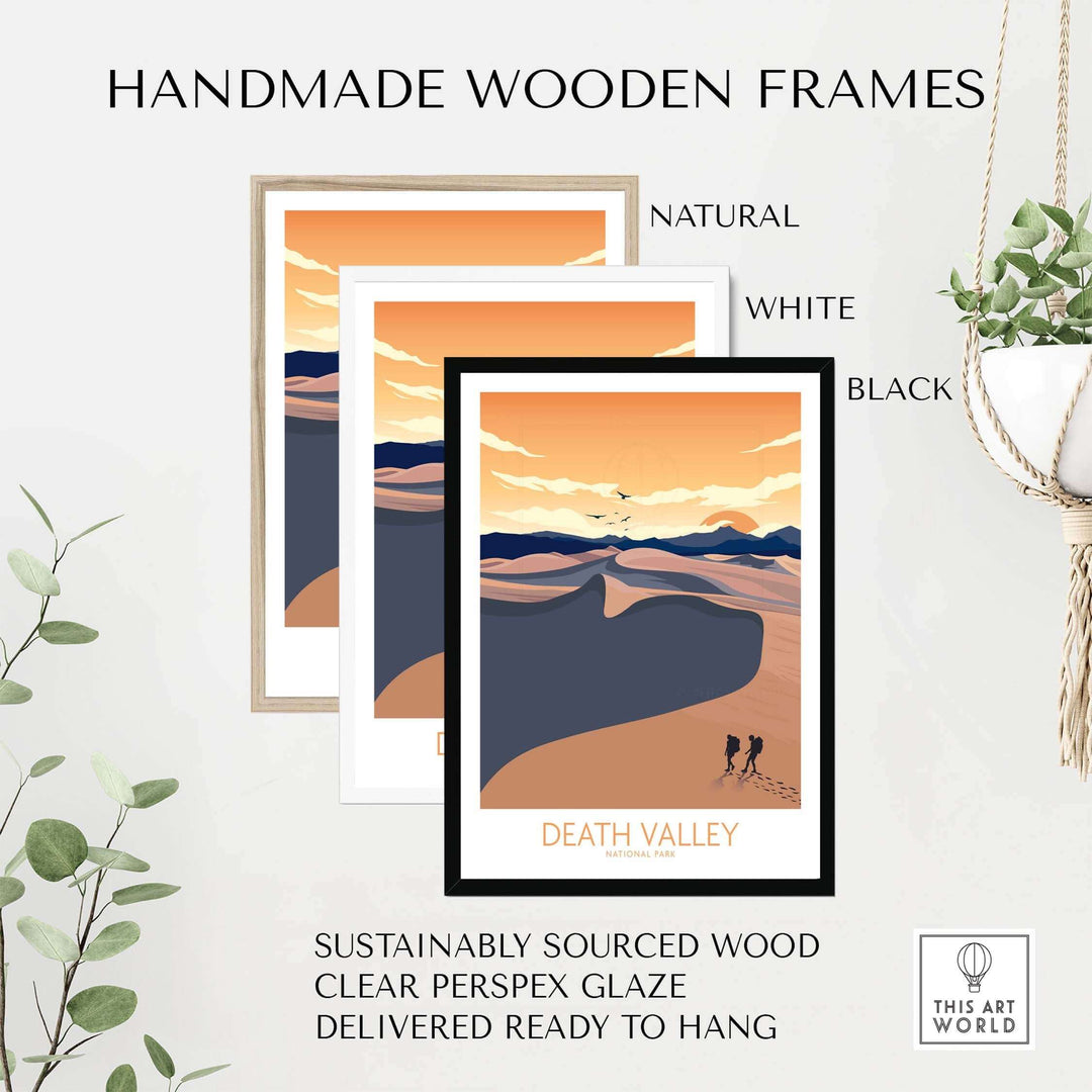 Handmade wooden frames in natural, white, and black for Death Valley National Park art print, sustainably sourced and ready to hang.