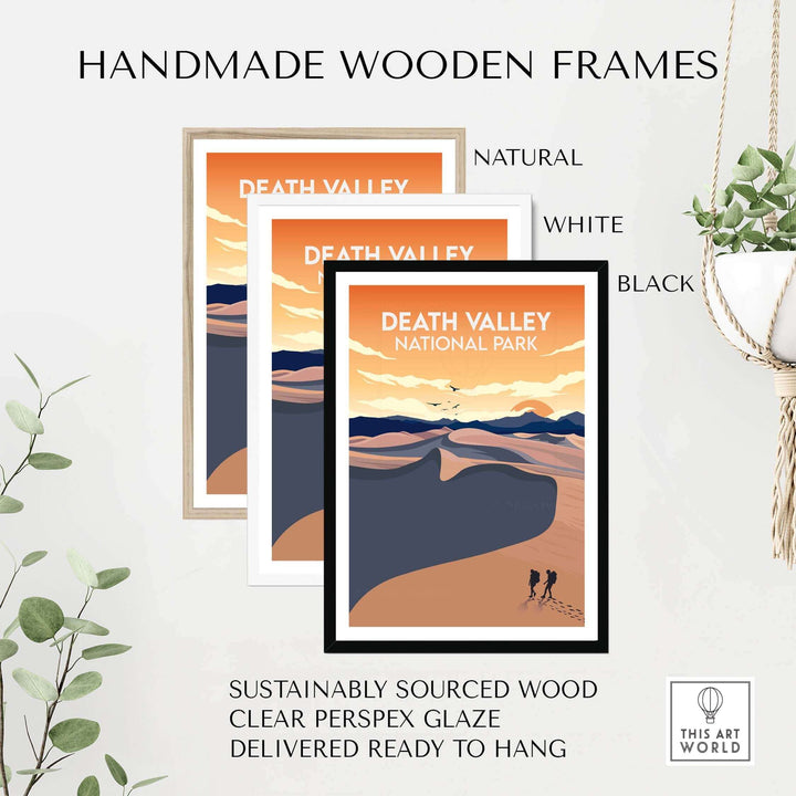 Handmade wooden frames for Death Valley National Park poster, in natural, white, and black finishes.
