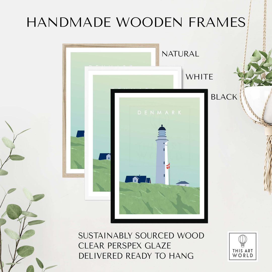 Handmade wooden frames in natural, white, and black, featuring Denmark Print Wall Art, sustainably sourced wood.