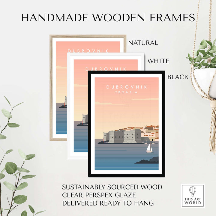 Handmade wooden frames for Dubrovnik print wall art in natural, white, and black colors, ready to hang.