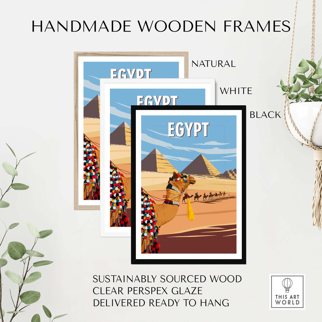 Handmade wooden frames for Egypt Wall Art Print in natural, white, and black finishes, sustainably sourced and ready to hang.