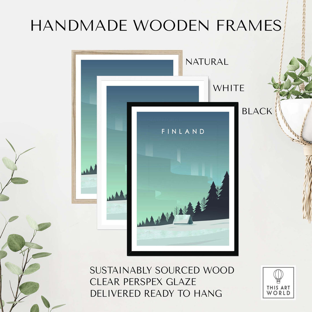 Finland Print Wall Art Posters in handmade wooden frames, featuring natural, white, and black options, ready to hang.