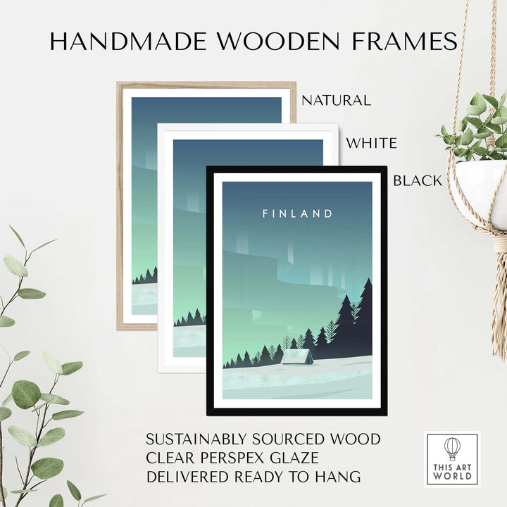 Finland Print Wall Art Posters in handmade wooden frames, featuring natural, white, and black options, ready to hang.