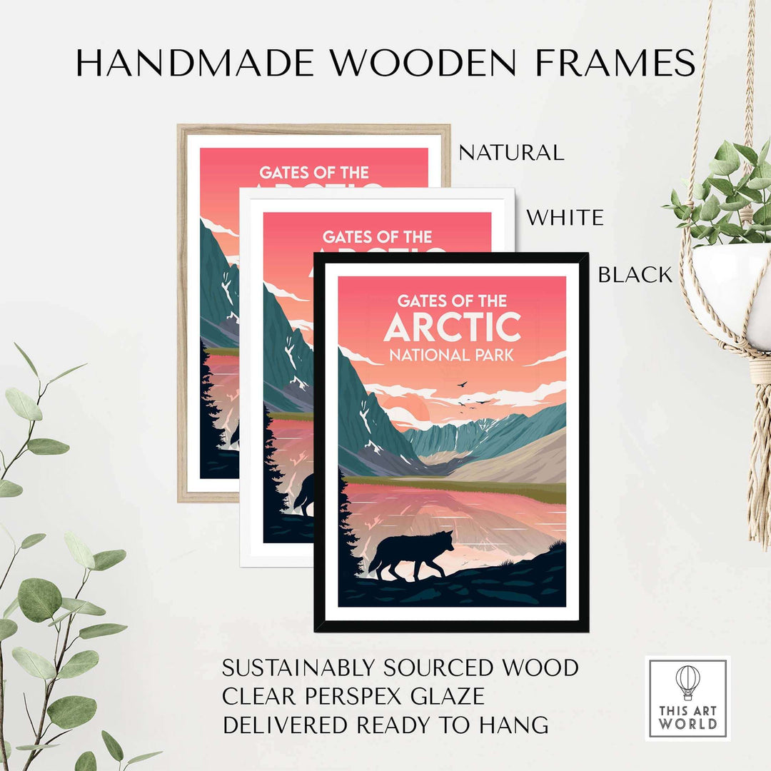 Gates of the Arctic Poster framed in natural, white, and black handmade wooden frames for stylish wall decor.
