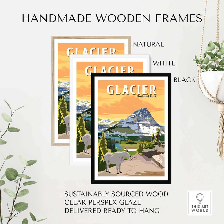 Handmade wooden frames for Glacier National Park art in natural, white, and black finishes, ready to hang.