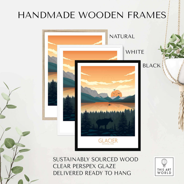 Handmade wooden frames for Glacier National Park art prints in natural, white, and black finishes.