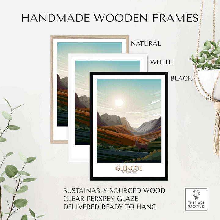 Handmade wooden frames for Glencoe National Park poster in natural, white, and black colors, sustainably sourced and ready to hang.