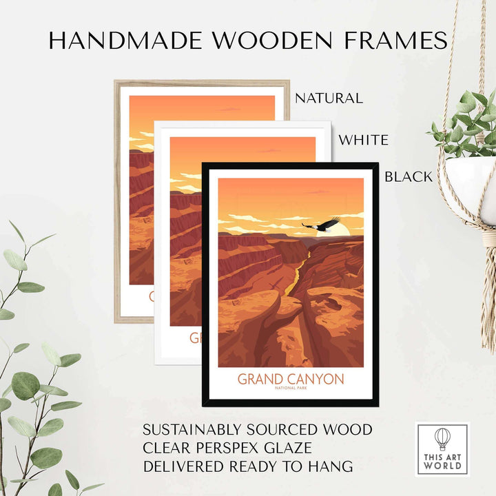 Handmade wooden frames for Grand Canyon art prints in natural, white, and black finishes on display.