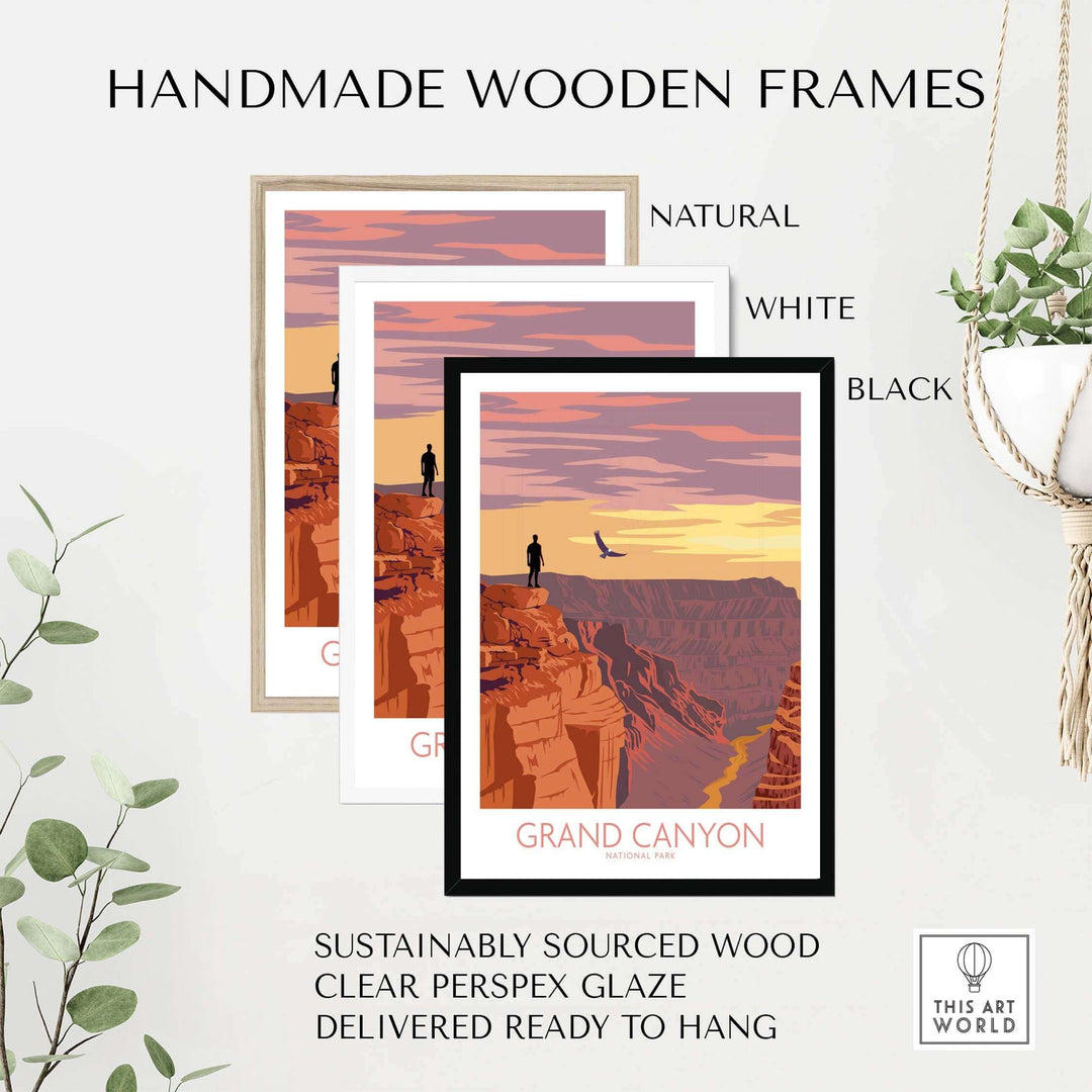 Handmade wooden frames in natural, white, and black for Grand Canyon poster print, sustainably sourced and ready to hang.