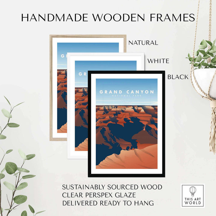 Handmade wooden frames in natural, white, and black with Grand Canyon art, made from sustainably sourced wood.