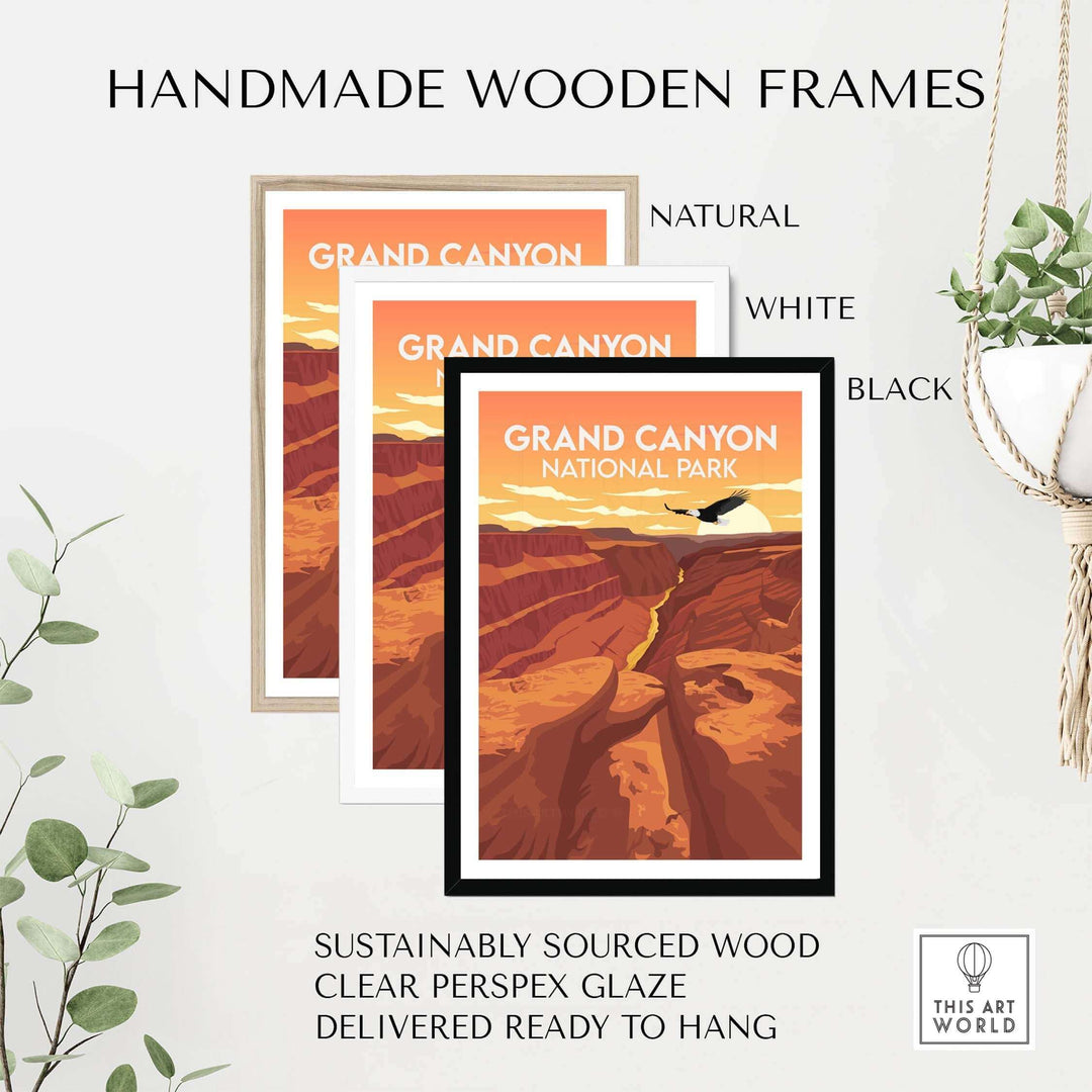 Grand Canyon National Park print in handmade wooden frames: natural, white, and black options showcased for stylish decor.