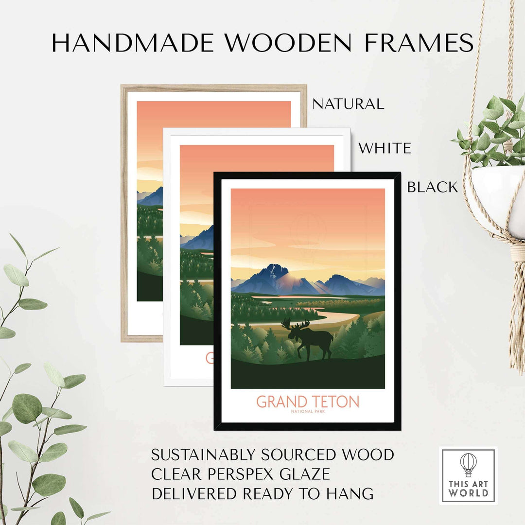 Handmade wooden frames for Grand Teton National Park art prints in natural, white, and black finishes.