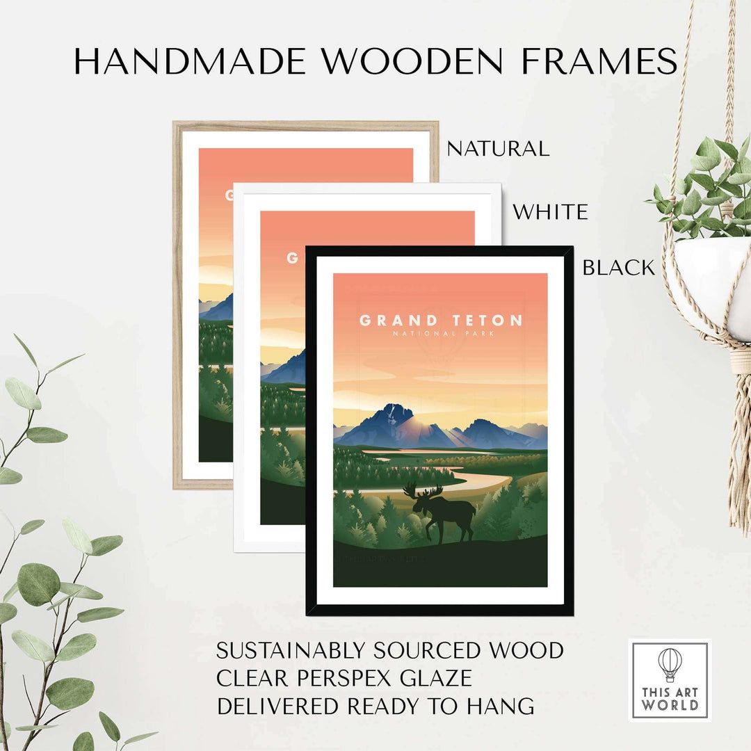 Handmade wooden frames in natural, white, and black for Grand Teton National Park art, sustainably sourced and ready to hang.
