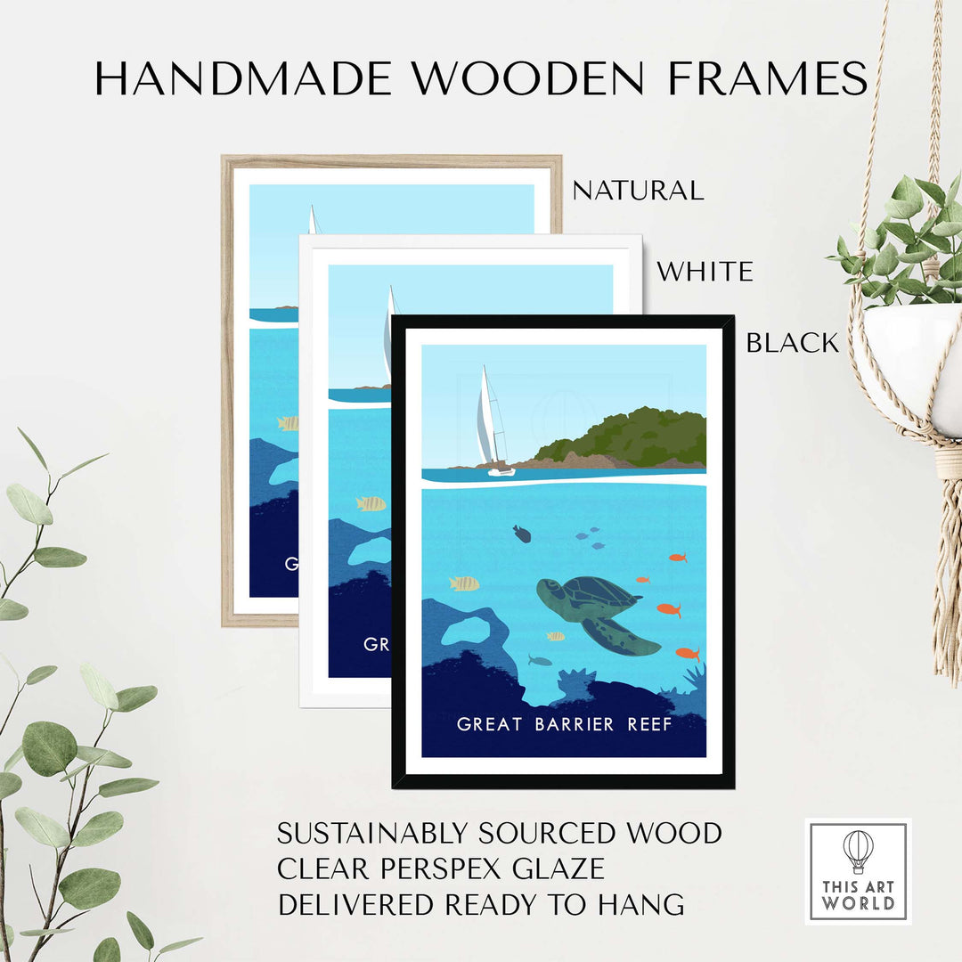Handmade wooden frames in natural, white, and black for Great Barrier Reef Print, sustainably sourced with clear perspex glaze.