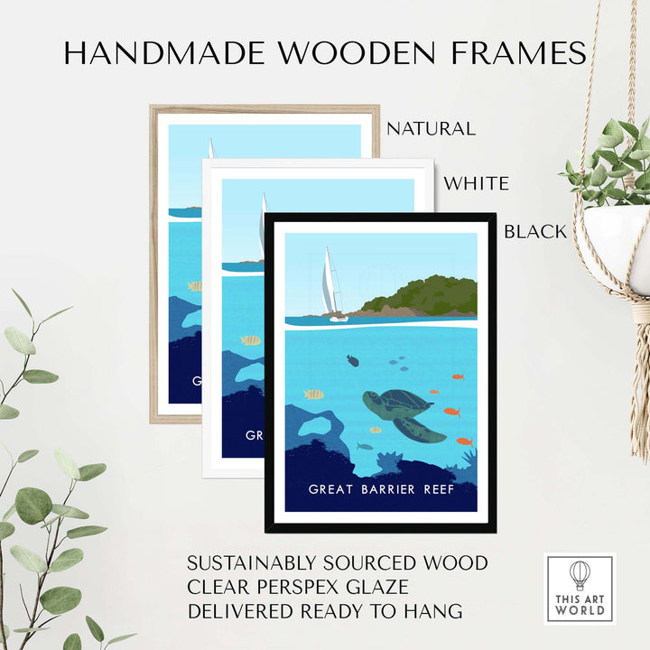 Handmade wooden frames in natural, white, and black for Great Barrier Reef Print, sustainably sourced with clear perspex glaze.