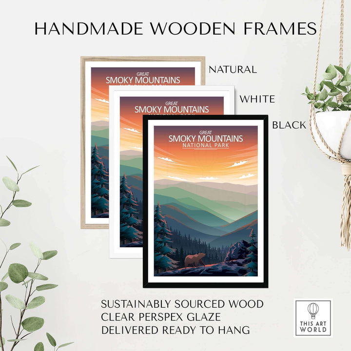 Handmade wooden frames for Great Smoky Mountains print in natural, white, and black finishes, ready to hang.
