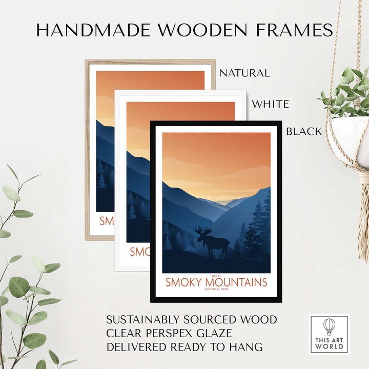 Handmade wooden frames for Smoky Mountains Art Print in natural, white, and black finishes, sustainably sourced wood.