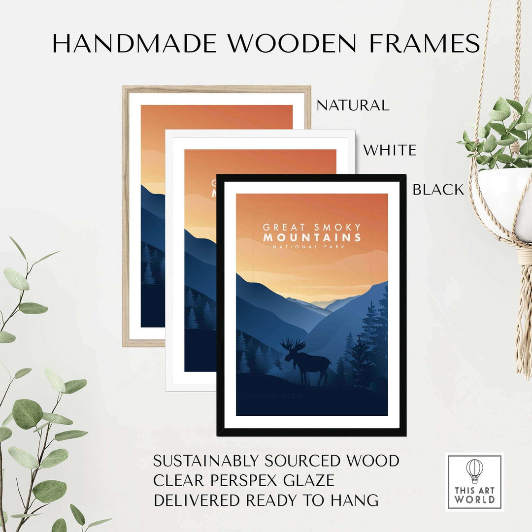 Handmade wooden frames for Great Smoky Mountains art, available in natural, white, and black finishes.