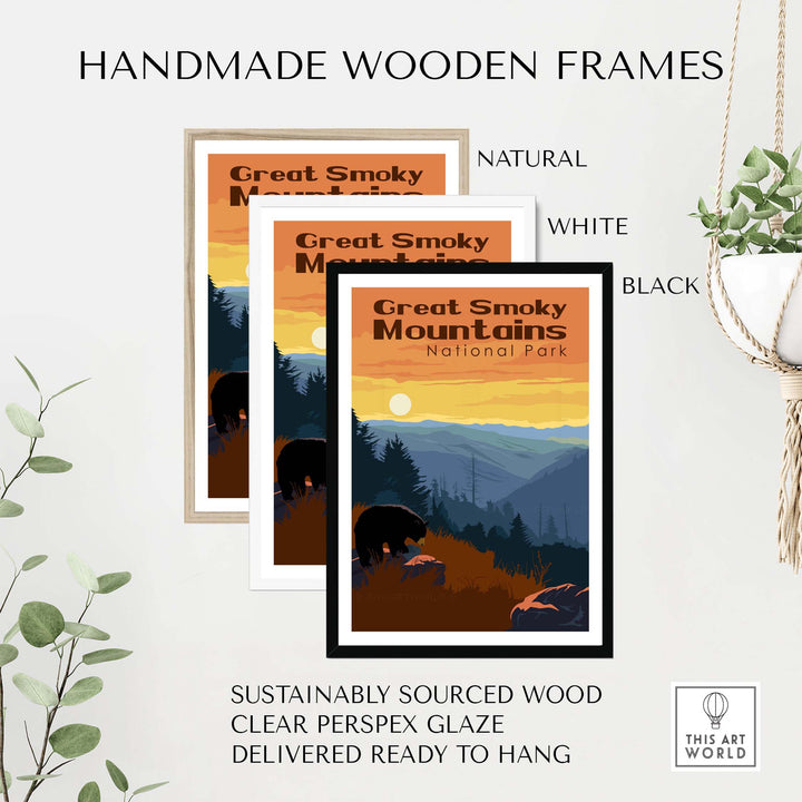 Handmade wooden frames for Smoky Mountains National Park print in natural, white, and black finishes.